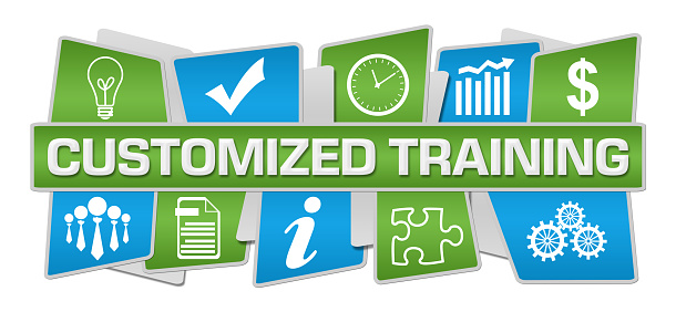 Customized training text written over blue green background.