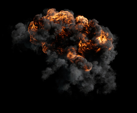 Bubbly Dense and Grey Smoke Cloud with lot of Orange Explosion parts on a black background