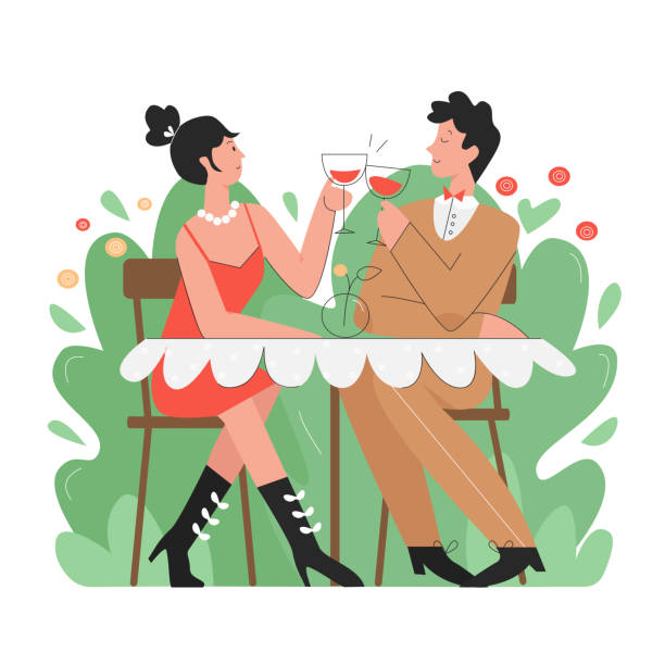 Beautiful young couple dining in restaurant Beautiful young couple dining in restaurant. Relationship spending together pleasent evening flat vector illustration day drinking stock illustrations