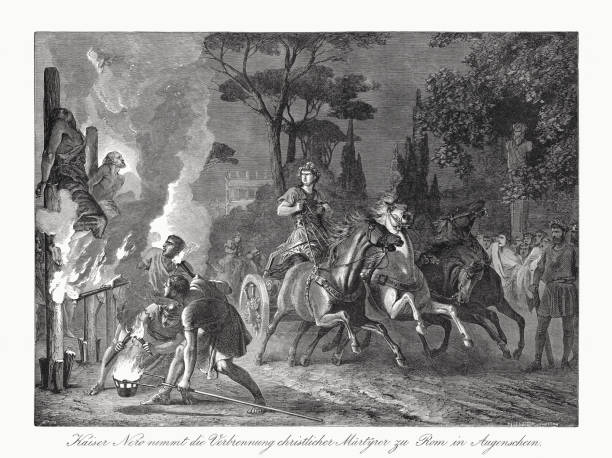 ilustraciones, imágenes clip art, dibujos animados e iconos de stock de quema de mártires cristianos por el emperador nerón, xilografía, publicado i1862 - emperor