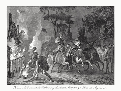 The Roman emperor Nero inspects the burning of Christian martyrs. Wood engraving, published in 1862.