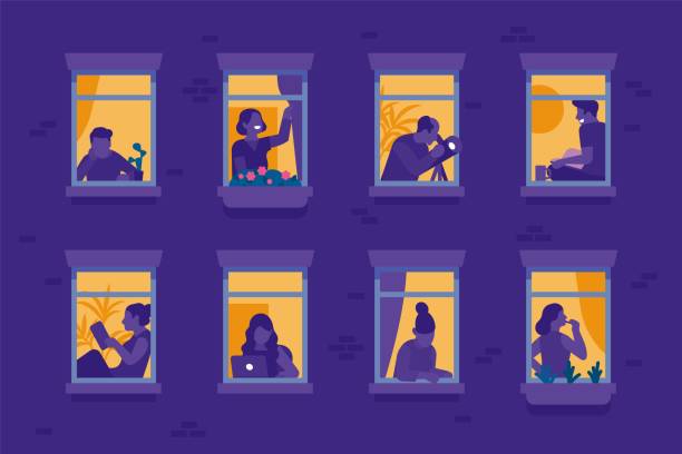 Neighbors in windows at night. Evening apartments with different silhouettes people. Housemates reading and looking through telescopes. House wall with glowing windowsills. Vector concept Neighbors in windows at night. Evening apartments with different silhouettes people. Housemates reading books and looking through telescopes. House brick wall with glowing windowsills. Vector concept window silhouettes stock illustrations