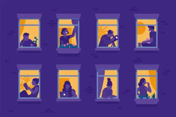 Vector illustration of Neighbors in windows at night. Evening apartments with different silhouettes people. Housemates reading and looking through telescopes. House wall with glowing windowsills. Vector concept