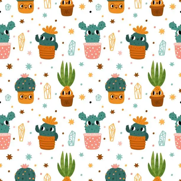 Vector illustration of Cute cactus seamless pattern. Cartoon print with kawaii cacti in flower pots. Kids floral theme. Happy houseplants. Succulents and bulbous plants with pretty muzzles. Vector background