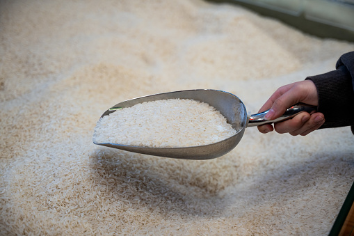 Human hand with rice grains