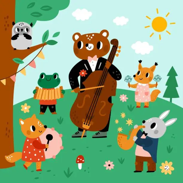 Vector illustration of Animals musicians in forest. Orchestra in summer glade. Children concert. Cartoon characters play music. Quintet with instruments in meadow. Jazz band. Musical performance. Vector concept