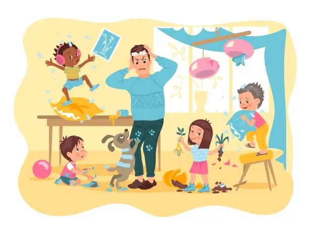 Vector illustration of Angry stressed dad with naughty kids. Destructive children activities. Room mess. Bad behavior. Friends hyperactivity. Babies breaking and spoiling home. Fidgets destroy. Vector concept