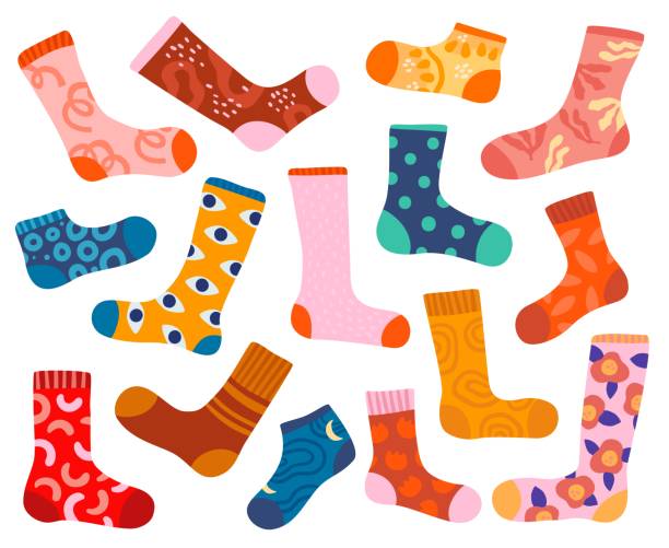 Bright stylish socks. Trendy designs clothing elements. Stockings with fancy abstract patterns. Colorful cotton products. Fashion casual wear. Legs underwear. Vector foot clothes set Bright stylish socks. Trendy designs clothing elements. Stockings with fancy abstract patterns. Isolated colorful cotton products. Fashion casual wear. Legs underwear. Vector warm foot clothes set sock stock illustrations