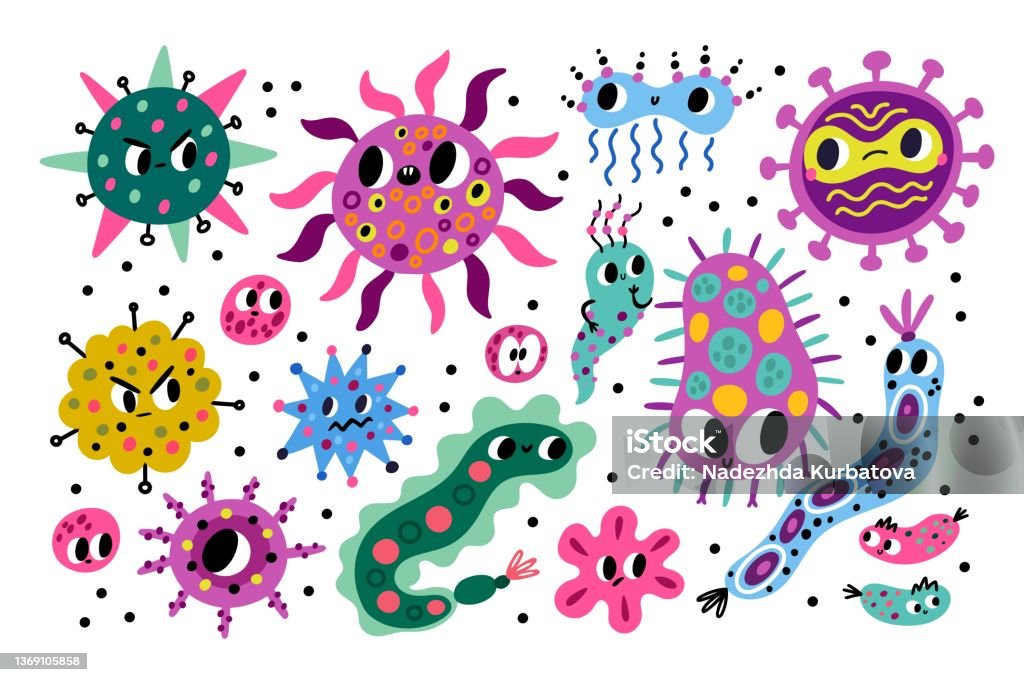 Ilustración de Personajes Germinales Bacterias Y Virus De Dibujos Animados  Microorganismos Unicelulares Cómicos Para Niños Microbios Dañinos Y  Beneficiosos Bacteria Infecciosa Biología Y Química Conjunto De Patógenos  Vectoriales y más Vectores Libres