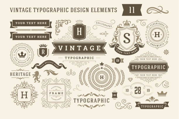 vintage typografische design-elemente set vektor-illustration - dekoration stock-grafiken, -clipart, -cartoons und -symbole