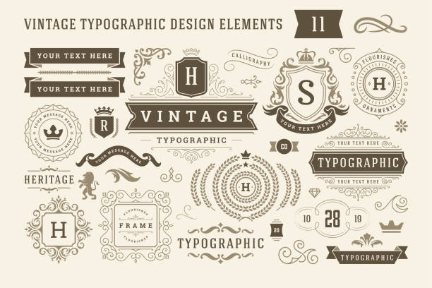illustrazioni stock, clip art, cartoni animati e icone di tendenza di elementi di design tipografici vintage impostano illustrazione vettoriale - decoration