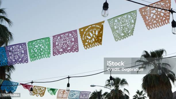 Mexican Perforated Papel Picado Banner Festival Flags Paper Tissue Garland Stock Photo - Download Image Now