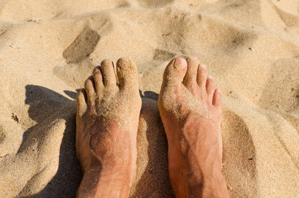 istock wet feet of a man on a sandy beach 1369107015
