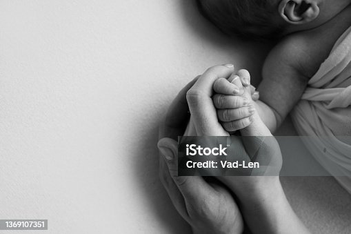 istock The hand of a sleeping newborn in the hand of mother and father close-up. Tiny fingers of a newborn. The family is holding hands. Studio macro photography. Concepts of family and love. Black white. 1369107351