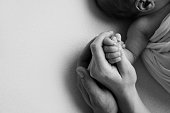 istock The hand of a sleeping newborn in the hand of mother and father close-up. Tiny fingers of a newborn. The family is holding hands. Studio macro photography. Concepts of family and love. Black white. 1369107351