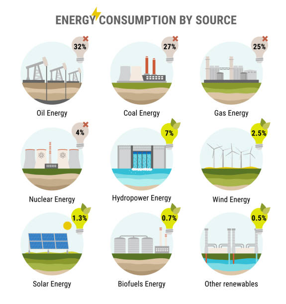 Infographic of energy consumption by source. Nonrenewable energy like oil, gas, coal, nuclear. Renewable energy sources like hydropower, solar, wind, geothermal. Electricity generation flat vector Infographic of energy consumption by source. Nonrenewable energy like oil, gas, coal, nuclear. Renewable energy sources like hydropower, solar, wind and geothermal. Electricity generation flat vector nonrenewable resources stock illustrations