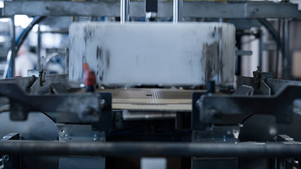 istock Cardboard box packing machine producing crates for manufacture production 1369108231