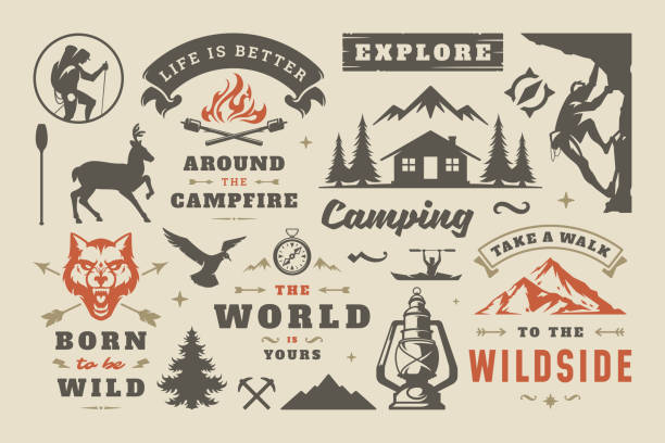 캠핑 및 아웃도어 어드벤처 디자인 요소 세트, 따옴표 및 아이콘 벡터 일러스트레이션 - bonfire people campfire men stock illustrations