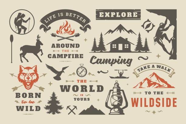 Camping and outdoor adventure design elements set, quotes and icons vector illustration. Mountains, wild animals and other. Good for t-shirts, mugs, greeting cards, photo overlays and posters