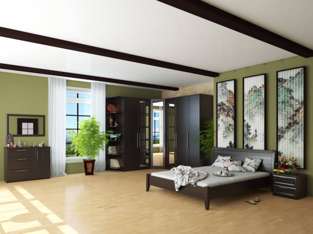 istock Bedroom Interior with Green Walls, Brown Wardrobe, Bed with Light Linens 1369108573
