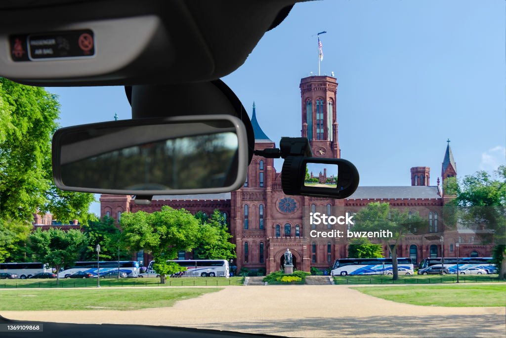 Dashcam camera view of the Smithsonian Castle, Washington DC, USA Looking through a dashcam car camera installed on a windshield with view of the Smithsonian Castle, Washington DC, USA Smithsonian Institution Stock Photo
