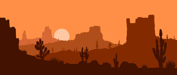 illustrazioni stock, clip art, cartoni animati e icone di tendenza di bellissimo paesaggio desertico occidentale vettoriale piatto con formazioni rocciose e cactus in colori arancioni. - desert