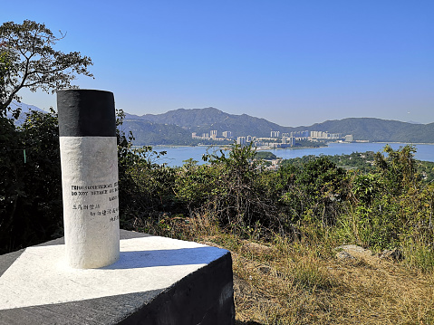Panoramic view at trigonometrical station on Finger hill, Peng Chau island, Hong Kong.