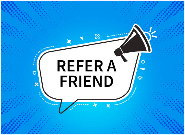 istock Megaphone refer a friend speech bubble on blue redial background. Loudspeaker. Banner for business, marketing and advertising. Vector illustration. 1369111577
