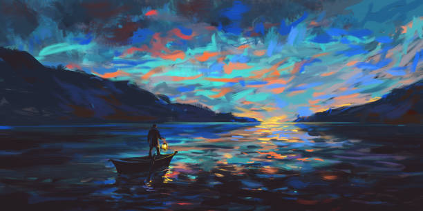 traveler dengan lampu di danau saat matahari terbenam - lukisan ilustrasi stok