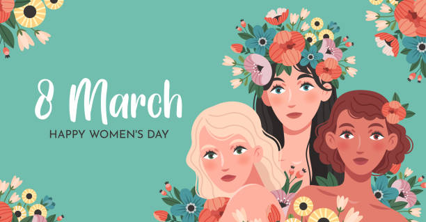 ilustrações de stock, clip art, desenhos animados e ícones de women's day. congratulatory card - coroa de flores