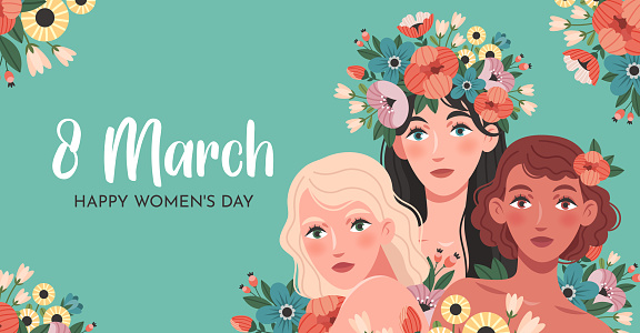 Greeting card for International Women's Day (March 8). Beautiful women of different nationalities among flowers and plants.