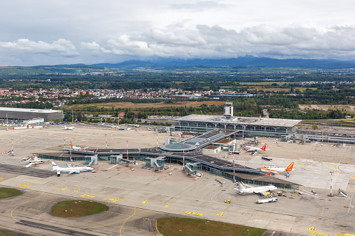 Mulhouse, France - September 20, 2021: Aerial photo of EuroAirport Airport (EAP) in France.