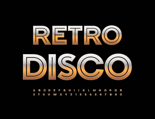 stockillustraties, clipart, cartoons en iconen met vector creative flyer retro disco with metallic gold alphabet letters and numbers set - dancing