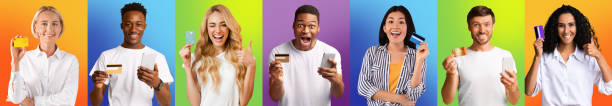 istock Excited diverse people using cellphones showing credit cards 1369115782