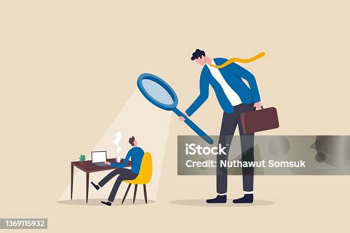 istock Micromanaging boss, toxic manager monitoring every details, excessive supervision and control of employee work and processes, micromanager boss using magnifying glass keep looking at employee working. 1369115932
