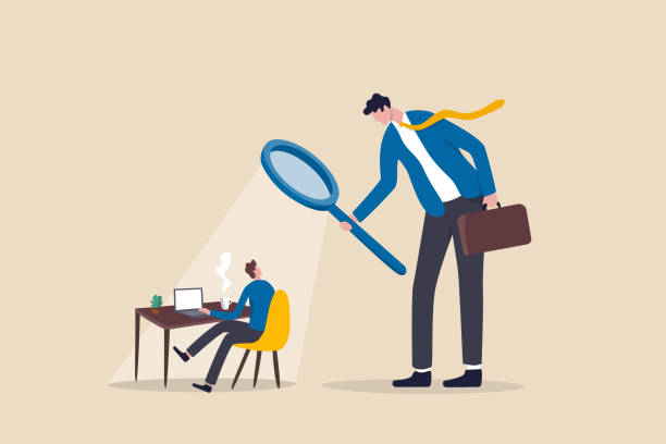 Micromanaging boss, toxic manager monitoring every details, excessive supervision and control of employee work and processes, micromanager boss using magnifying glass keep looking at employee working. vector art illustration