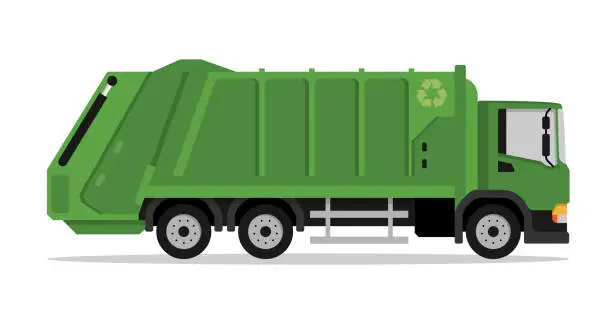 Vector illustration of Green city garbage truck in flat style. Industrial machinery and equipment. Collection, sorting and recycling of garbage in city. Isolated vector on white back