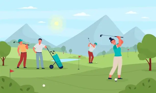 Vector illustration of Group playing golf. People on green fields hit ball with sticks, driven in holes, sports outdoor game, mountain landscape, summer outdoor activity, vector cartoon flat isolated concept