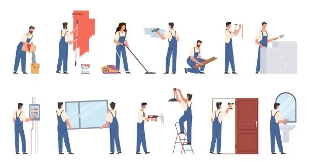 Vector illustration of People making renovation. Workers in overalls, men and women carry out repair work, interior wall painting, installing doors and windows, electrical and plumbing replacement, vector set