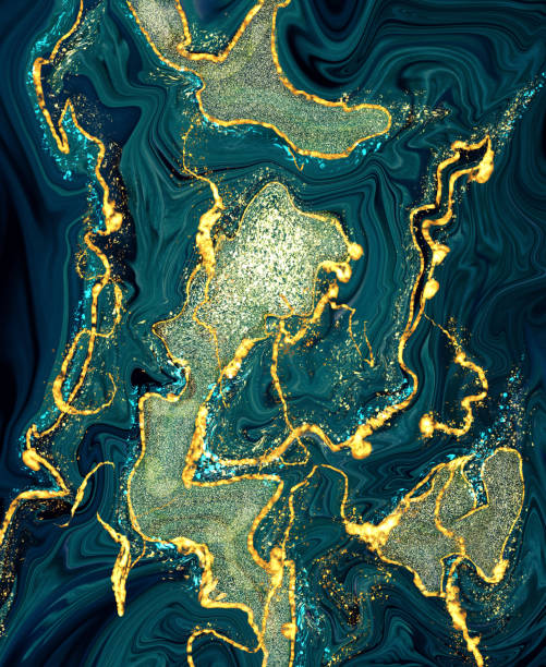 istock Turquoise marble abstract watercolor bacground. Alcohol brush texture, glitter dust ink, fluid pattern, kintsugi art styles 1369119498