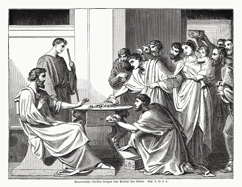 The Macedonian Christians bring their donation to Apostle Paul for the Jerusalem parish (2 Corinthians, 3 - 4). Wood engraving, published in 1862.
