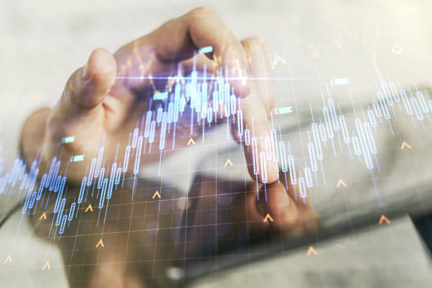 istock Double exposure of abstract creative financial chart with world map and with finger clicks on a digital tablet on background, research and strategy concept 1369120622