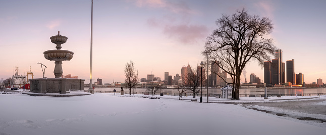 The Detroit winter skyline as seen from across the Detroit River, in Windsor, Ontario, Canada.