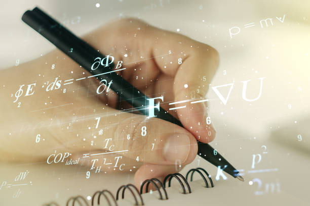 istock Creative scientific formula illustration with man hand writing in diary on background, science and research concept. Multiexposure 1369120765