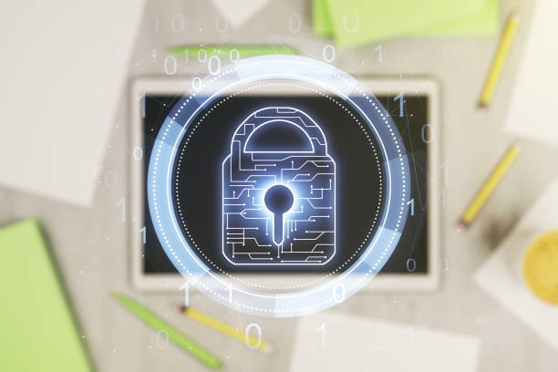 istock Creative idea concept with lock symbol and microcircuit illustration and modern digital tablet on background, top view. Protection and firewall concept. Multiexposure 1369120800