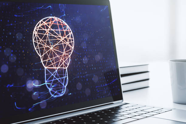 Creative light bulb illustration on modern computer monitor, future technology concept. 3D Rendering