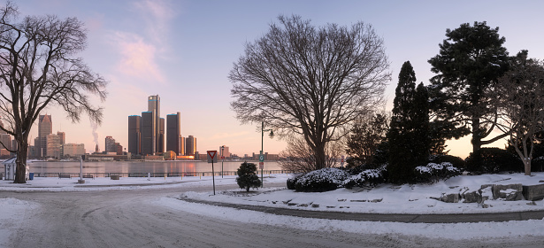 The Detroit winter skyline as seen from across the Detroit River, in Windsor, Ontario, Canada.