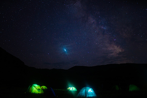 Milky way and starry sky above camping in the mountains
