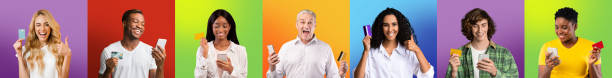 istock Excited diverse people using cellphones showing credit cards 1369124202