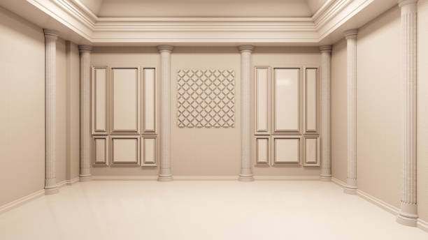istock background of empty classic room with wall panels minimal tone,3D illustration rendering 1369124215